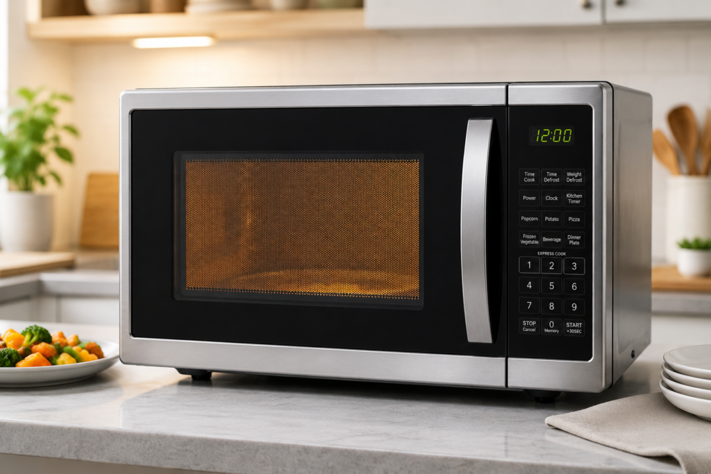"Stainless steel microwave oven in a modern kitchen with illuminated cooking chamber."
"Countertop microwave oven with digital display in a bright contemporary kitchen."
"Modern microwave appliance placed on a marble kitchen counter with food dishes nearby."
"High-quality stainless steel microwave oven for home kitchen cooking and reheating."