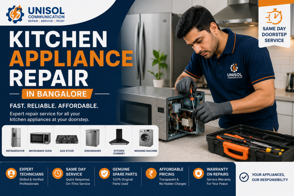 Professional kitchen appliance repair service in Bangalore for refrigerators, microwaves, gas stoves and washing machines." Expert technician repairing kitchen appliances in Bangalore with same-day doorstep service."
"Kitchen appliance repair in Bangalore including refrigerator, microwave oven, gas stove and dishwasher repair." Home kitchen appliance repair in Bangalore for all major brands and household appliances."