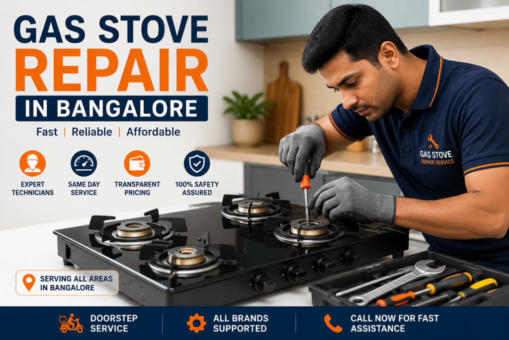 Gas stove repair in Bangalore by expert technician with tools and doorstep service."
"Experienced technician repairing a gas stove burner in a modern Bangalore kitchen."
"Same-day gas stove repair service in Bangalore for all major stove brands."
"Affordable gas stove repair and maintenance service in Bangalore by trained professionals."
"Kitchen gas stove troubleshooting and repair service in Bangalore with expert support." "Professional gas stove repair technician servicing a modern gas stove in Bangalore with same-day doorstep repair service.