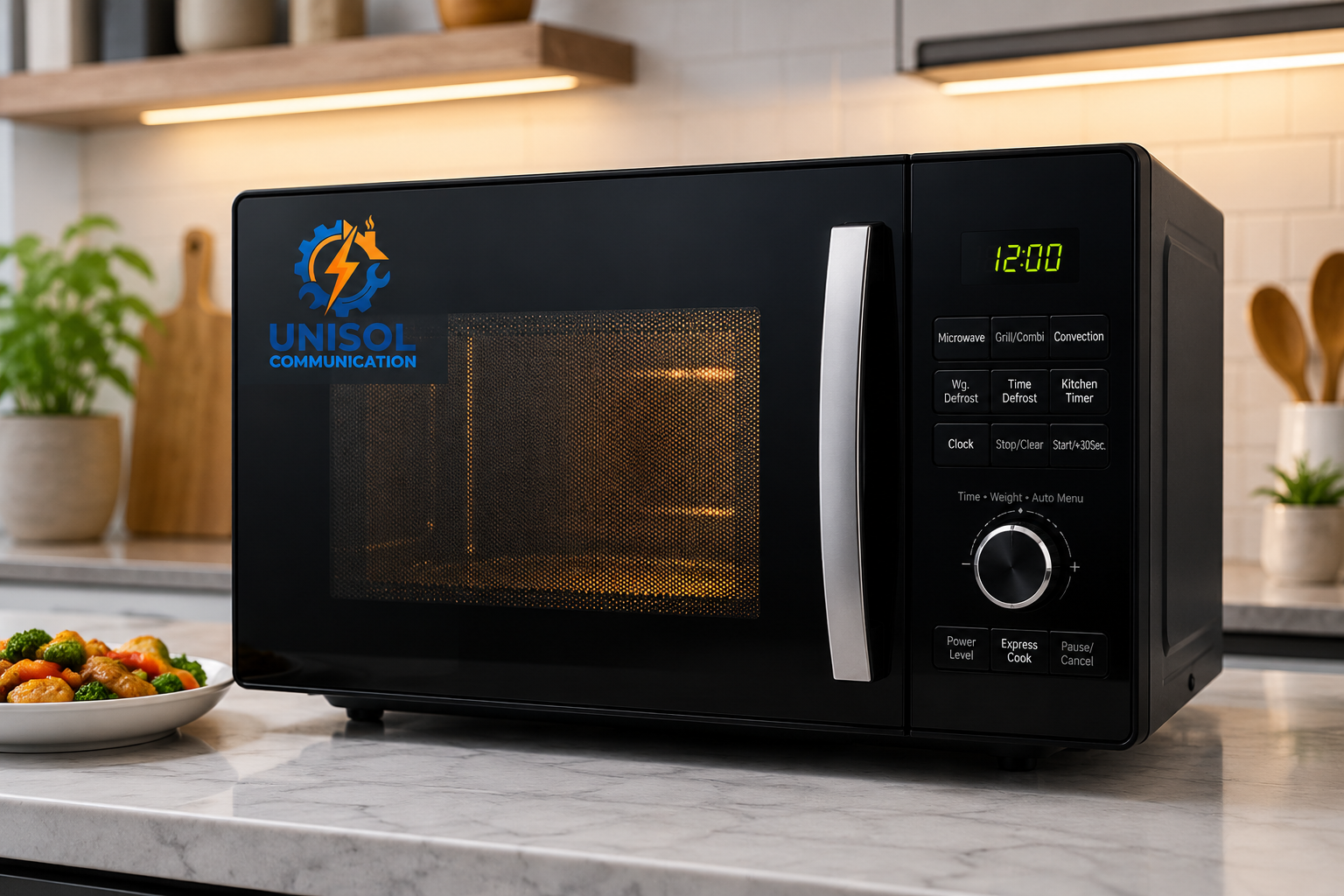 "Modern stainless steel microwave oven on a clean kitchen countertop with digital controls and warm interior lighting."